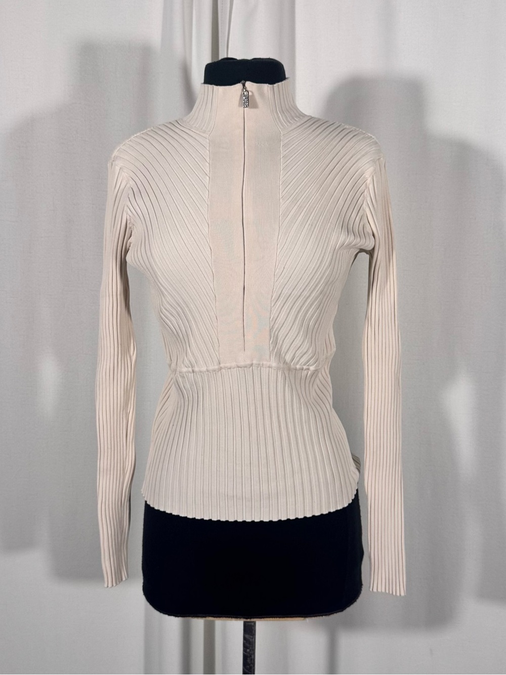 Caché Cream Silk Blend Ribbed Mock Neck Sweater Top